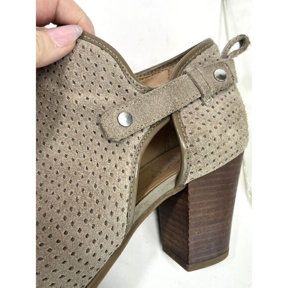 Franco Sarto Size 9 Taupe Suede Lazer Cut Ankle Booties Cut Out Block Heel - Picture 6 of 12